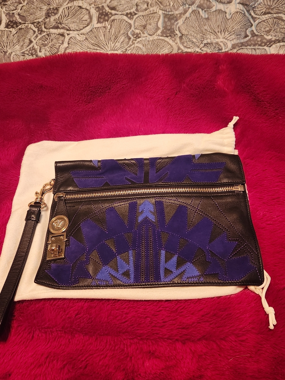 Versace Black and Royal Blue Leather Wristlet Clutch